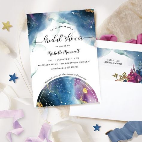 $1.90 | Celestial Constellations and Stars Bridal Shower #celestial bridal shower invitation, cosmic galaxy and stars, watercolor, jewel tones bridal shower, astrology zodiac, blue teal purple and fuchsia, navy and purple, under the stars bridal shower, moon stars constellations, hand written script Celestial Constellations, Star Themed Wedding, Stars Watercolor, Unique Bridal Shower Invites, Stars Constellations, Stars Wedding, Cosmic Galaxy, Unique Bridal Shower, Engagement Parties