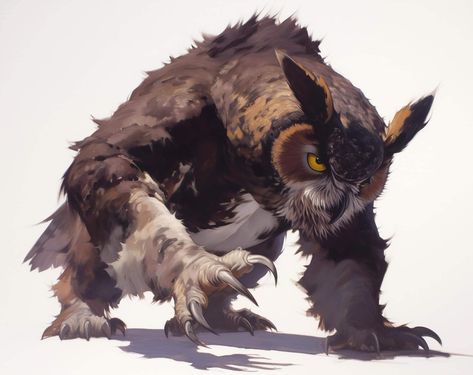 Fantasy Mounts Concept Art, Fantasy Animal Hybrids, Owlbear Tattoo, Monster Reference Drawing, Fantasy Animal Concept Art, Owl Concept Art, Owling Dnd, Owlbear Art, Monster Hunter Concept Art