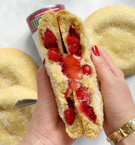 Sugar Cookie stuffed with Cherry Fruit Filling Cherry Pie Stuffed Cookies, Stuffed Cookie Pie, Giant Sugar Cookie, Old Fashioned Cherries, Sanding Sugar, Stuffed Cookies, Canned Fruits, Fruit Cookies, Cherry Cookies