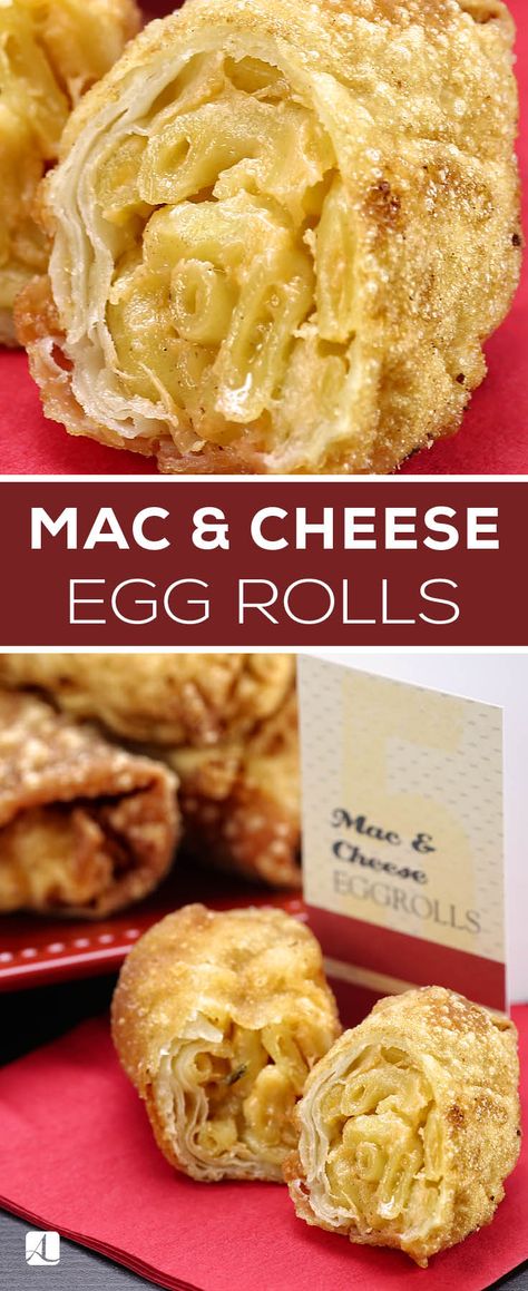 Mac N Cheese Egg Rolls, Fun Egg Roll Recipes, Macaroni Dishes, Football Party Food Appetizers, Cheese Egg Rolls, Egg Roll Filling, Fried Mac And Cheese, Dorm Food, Cheddar Mac And Cheese