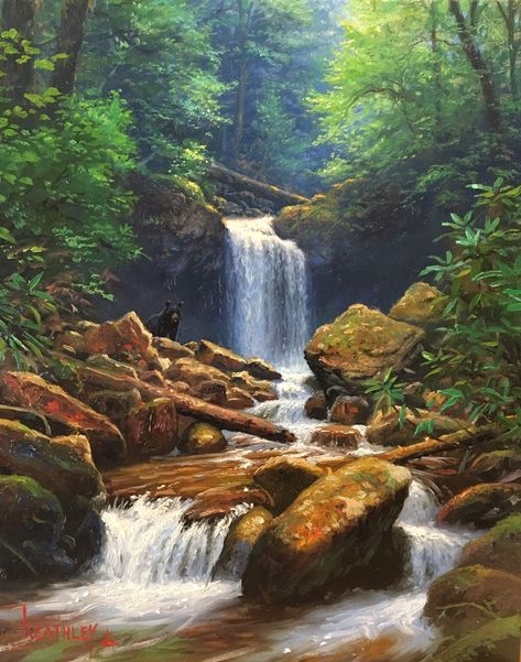 Mountain And Waterfall, Grotto Falls, Waterfall Pictures, Waterfall Paintings, Landscape Painting Tutorial, Waterfall Art, Waterfall Landscape, Landscape Art Painting, Nature Art Painting