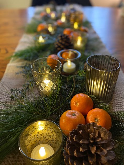 90th Birthday Centerpiece, Christmas Buffet Table, Simple Thanksgiving Table Decor, Thanksgiving Dining Table, Festive Holiday Cocktails, Burlap Runner, Xmas Table, Glass Votives, Country Christmas Decorations