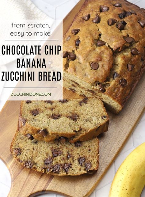 Chocolate chip banana zucchini bread recipe. Chocolate chip banana zucchini bread is a moist, tender zucchini bread filled with rich pockets of melty chocolate chips. The perfect way to use up leftover bananas and zucchini! #chocolatechip #bananazucchinibread #zucchinibread #recipe #zucchini Easy Zucchini Bread, Chocolate Chip Zucchini Bread, Bread Easy, Zucchini Bread Recipes, Recipes Simple, Chocolate Zucchini, Yeast Bread, Bread Recipes Sweet, Vegan Chocolate Chip