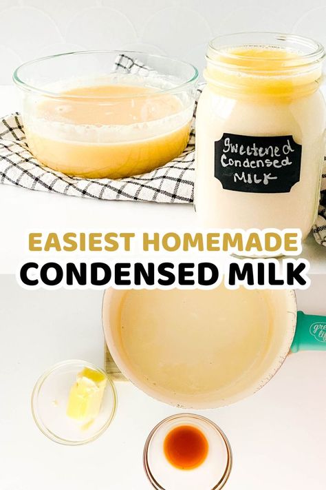 homemade sweetened condensed milk in glass containers and its ingredients How Do You Make Sweetened Condensed Milk, Homemade Sweetened Condensed Milk Recipe With Powdered Milk, Making Condensed Milk, Homemade Sweet Condensed Milk, Homemade Condensed Milk Recipes, Homemade Sweetened Condensed Milk Recipes Easy, Home Made Condensed Milk Recipes, How To Make Sweetened Condensed Milk, Whole Milk Recipes Ways To Use