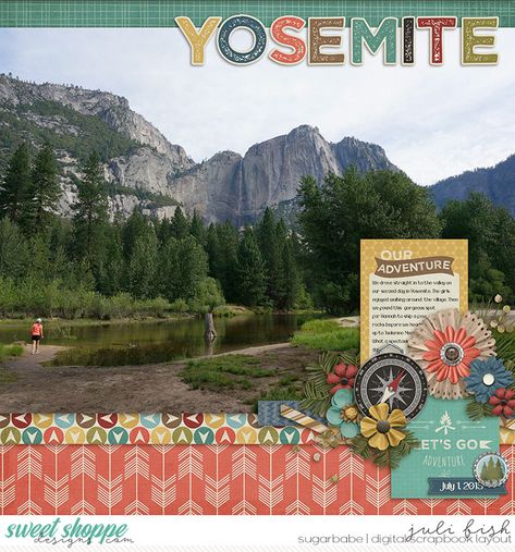 Yosemite Digital scrapbook page by Juli Fish featuring Adventure: In the Woods Bundle by Ponytails.    #scrapbooking #digitalscrapbooking #memorykeeping  #sweetshoppe  vacation, adventure, clusters, journal card, flowers, ribbon, simple, large photo, Yosemite, national park Twine Flowers, Flowers Ribbon, Card Flowers, Vacation Scrapbook, Digi Scrapbooking, Burlap Flowers, Deer Print, Digital Scrapbooking Layouts, Summer Road Trip