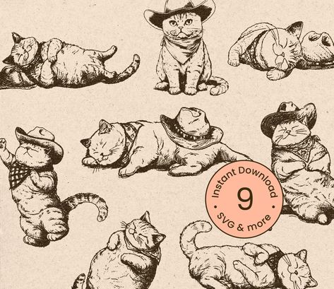 Cat Cowboy Hat Tattoo, Western Cat Tattoo, Cowboy Cat Tattoo, Cat In Cowboy Hat, Kitty Illustration, Cowboy Hat Tattoo, Vintage Retro Illustration, Cowboy Attire, Rugged Cowboy