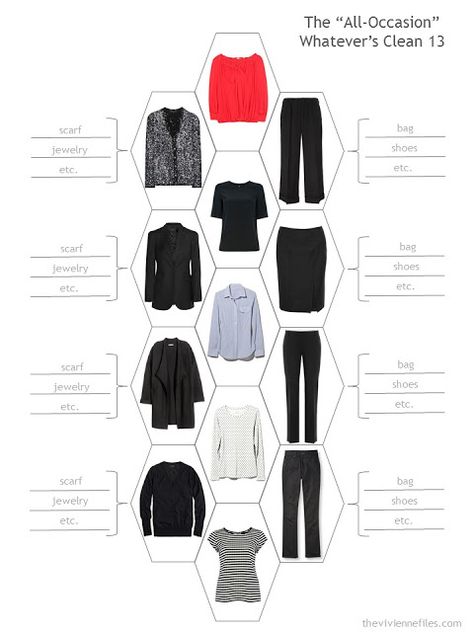 capsule wardrobe or travel wardrobe in black, for any occasion, based on the Whatever's Clean 13 template Wardrobe Template, Intentional Wardrobe, Clothing Capsule, Red Silk Top, Packing Wardrobe, Capsule Dressing, Dressy Style, The Vivienne Files, Vivienne Files