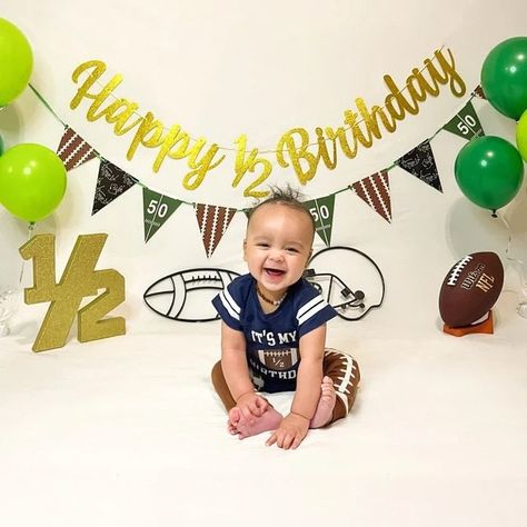 Football 6 Month Photoshoot, Football Half Birthday Pictures, Half Time 6 Month Birthday, Baby Boy Half Birthday Ideas, Football Half Birthday, Half Birthday Ideas For Boys, 1/2 Birthday, Half Birthday Baby Boy, 6 Month Baby Picture Ideas Boy