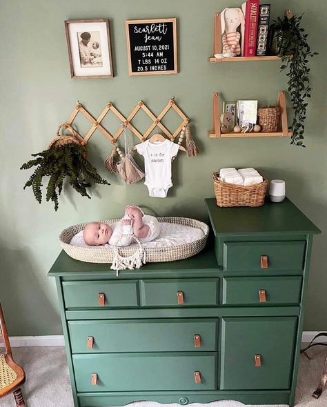 Changing Table Color Ideas, Baby Boy Room Changing Table, Dark Green Dresser Nursery, Colored Dresser In Nursery, Green Furniture Nursery, Dresser Makeover For Nursery, Nursery Green Dresser, Nursery Dresser Paint Ideas, Painted Changing Table