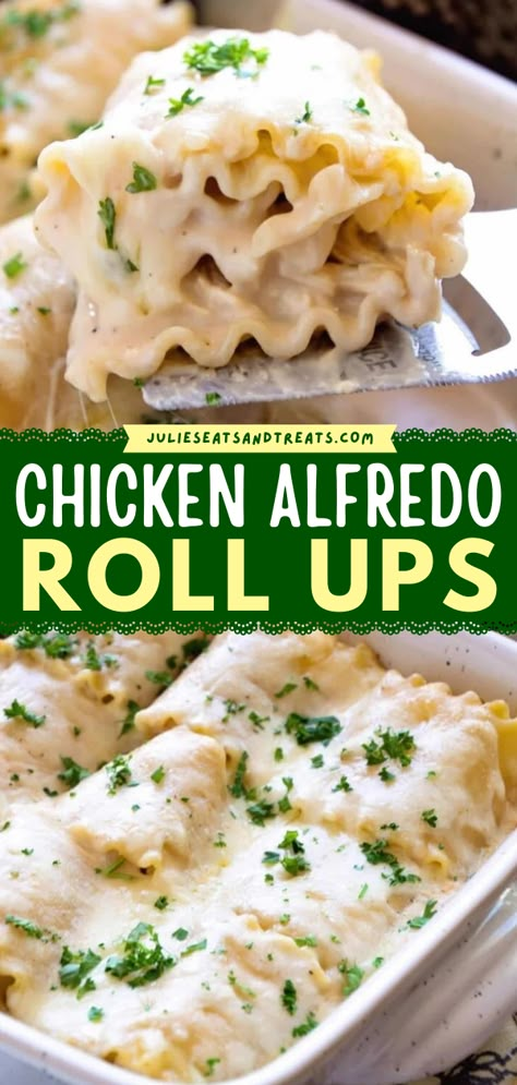 Looking for new ways to use lasagna noodles? This pasta dish will become one of your go-to family dinner ideas! Stuffed with creamy chicken alfredo and cheese, these lasagna roll ups are so delicious. Pin this for later! Chicken Alfredo Roll Ups, Chicken Alfredo Lasagna Roll Ups, Alfredo Roll Ups, Alfredo Lasagna Roll Ups, Fetuccini Alfredo, Lasagne Roll Ups, Chicken Lasagna Rolls, Chicken Alfredo Lasagna, Lasagna Roll Ups