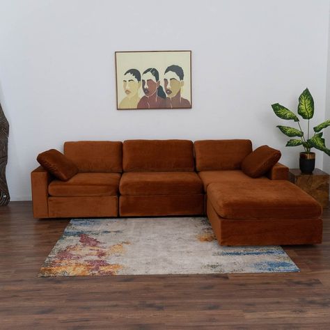 Corner Sectional Modern Sofa; Orange Velvet | Mid in Mod | Houston TX | Best Furniture stores in Houston Sofa Orange, La Apartment, Orange Couch, Mid Century Modern Sectional, Cloud Sofa, Affordable Sofa, Mod Furniture, Velvet Sectional, Comfortable Couch