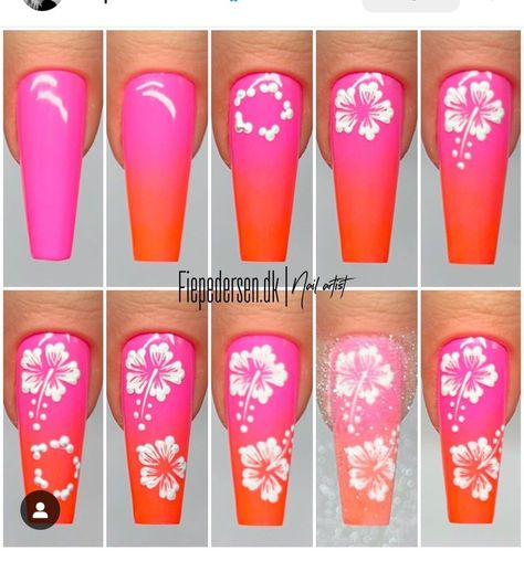 Nails Watermelon Design, How To Draw Flower On Nail, Nail Drawing Tutorial, Flower Drawing Nails, Step By Step Flower Nail Art, Summer Flowers Nails, Flower Nails Step By Step, Flower Nail Art Tutorial Step By Step, Nail Art Designs Step By Step