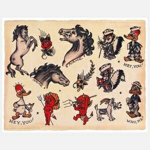 Traditional American tattoo flashboard horse and devil American Classic Tattoo, Sailor Jerry Flash, Sailor Jerry Tattoo Flash, Traditional Tattoo Flash Art, Cool Tattoo Drawings, Sailor Jerry Tattoos, Unicorn Tattoos, Demon Tattoo, Tattoo Flash Sheet