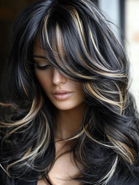 Gorgeous Ideas for Black Hair with Highlights: Elevate Your Style Dark Brown Hair With Bleach Highlights, Balayage Money Pieces, Peek A Boo Highlights, Money Pieces, Platinum Highlights, Face Nails, Rambut Brunette, Women Haircuts, Cherry Hair