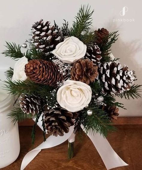 11 Unique Wedding Bouquet Ideas for Brides Who Want to be Different Pine Cone Bouquet, Skiing Wedding, Hand Bucket, Pinecone Wedding, Cone Bouquet, Wedding Flower Alternatives, Lilac Wedding Bouquet, Holiday Bouquet, Unique Wedding Bouquet