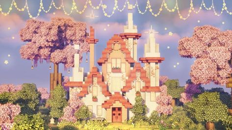 Peaches Castle Minecraft, Minecraft Peach Castle, Minecraft Princess House, Princess Peach Castle Minecraft, Minecraft Flower Castle, Minecraft Princess Castle, Cherry Blossom Castle Minecraft, Pink Castle Minecraft, Minecraft Pink Castle