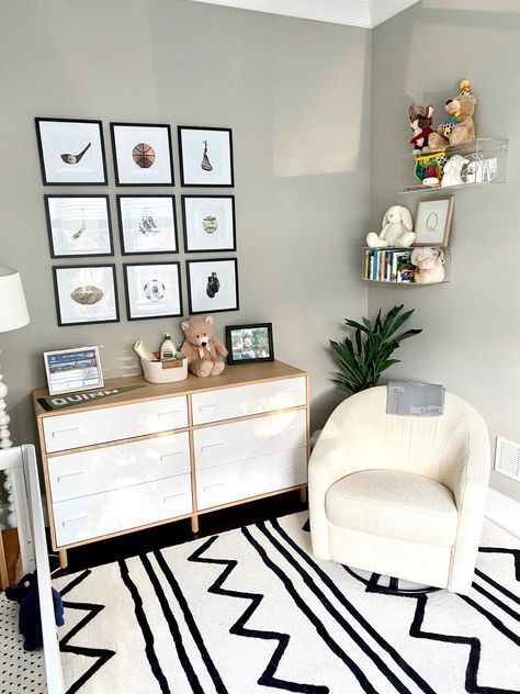 Quinn's "Big Boy Room" — Scene + Styled Sport Nursery Theme, Sports Themed Playroom, Toddler Boy Sports Bedroom, Neutral Sports Nursery, Toddler Room Themes Boy, Toddler Boy Neutral Bedroom, Baby Boy Nursery Sports Theme, Black And White Toddler Room Boy, Sports Themed Nursery For Boys