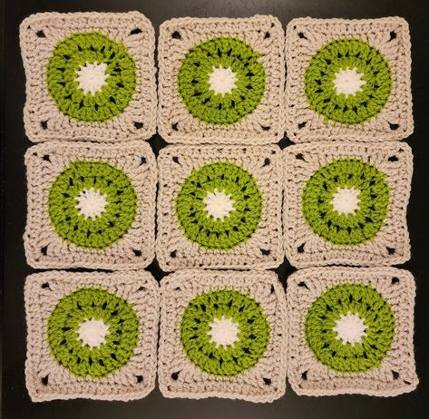 Flat 3 by 3 square of crocheted granny squares that each look like kiwi slices. Kiwi Granny Square, Banana Granny Square, Kiwi Granny Square Crochet, Crochet Kiwi, Citrus Granny Square, Green Crochet Bag With Granny Square, Crochet Tote, Granny Squares Pattern, Square Pattern