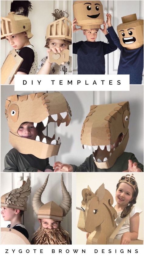 Downloadable DIY templates to make costumes out of cardboard Diy Cardboard Costumes, Cardboard Costumes, Mainan Diy, Cardboard Costume, Carton Diy, Kostum Halloween, Boys Diy, Kraf Kertas, Manualidades Halloween