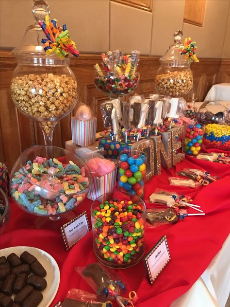 This is a first Birthday colorful candy table we made at Don Pepe Steakhouse in Pine Brook, NJ Candy Buffet Ideas Birthday, Birthday Party Candy Table, Birthday Candy Table, Diy Dessert Table, Candy Table Decorations, Budget Desserts, Candy Bar Birthday, Bar A Bonbon, Party Sweets