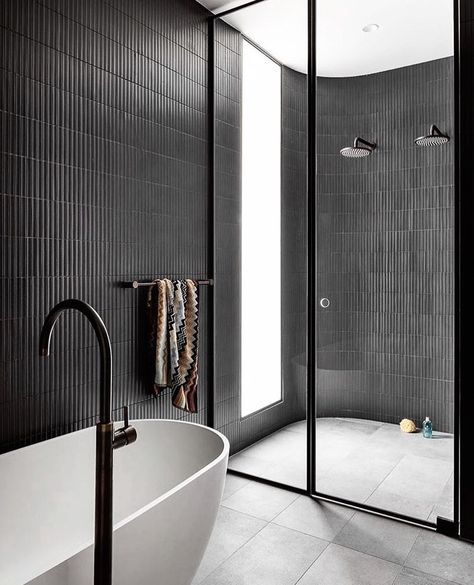 A moody and masculine bathroom design! The bold black kit Kat tiles give this space such a strong look! • • • • • • • • • • • •… Masculine Bathroom Design, Kit Kat Tiles, Black Tile Bathrooms, Masculine Bathroom, Dekorere Bad, Dark Bathrooms, Black Kit, Minimalist Bathroom, Kit Kat