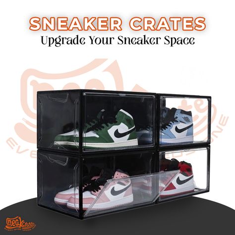 Discover the ultimate solution for organizing your sneaker collection with these stackable sneaker crates. Designed to fit various shoe sizes, these crates offer a space-saving and visually appealing way to showcase your favorite kicks. Upgrade your home organization and elevate your sneaker storage to new heights! Sneaker Crates, Sneaker Storage, Sneaker Games, Dream Spaces, Shoe Cabinet, Sneaker Collection, Storage Solution, Exclusive Collection, Storage Solutions