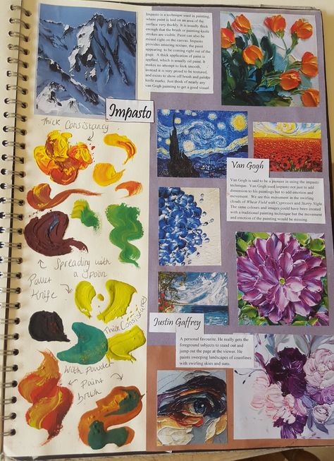 Impasto experimental page Van Gogh Gcse Art Page, Experimental Page Gcse Art, Ap Art Portfolio Ideas Sketchbook Pages, College Art Projects, Art Igcse, Gcse Sketchbook, Texture Study, Art Coursework, Igcse Art