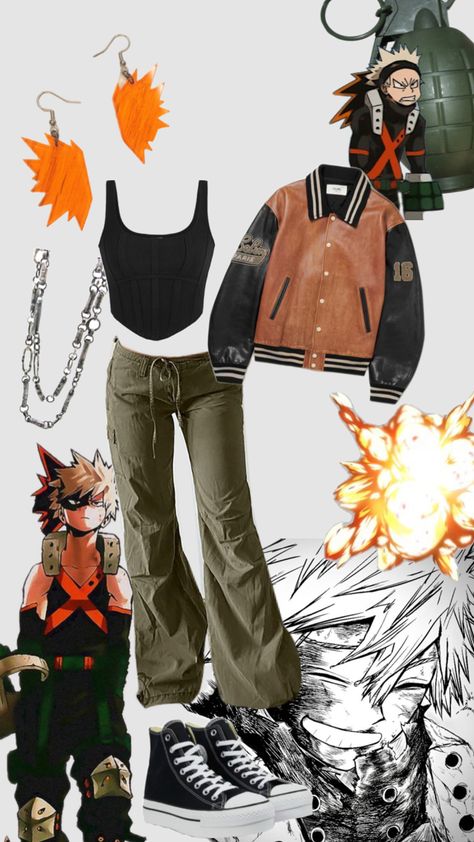 #bakugoukatsuki #bakugo #mha #myheroacademia #bomberjacket #earrings #necklace #silverchain #cargopants Bakugo Gauntlets Diy, Bakugou Cosplay Diy, Bakugo Earrings, Bakugo Outfit Ideas, My Hero Academia Outfits Ideas, Deku Inspired Outfit, Bakugou Inspired Outfit, Mha Casual Clothes, Bakugo Clothes