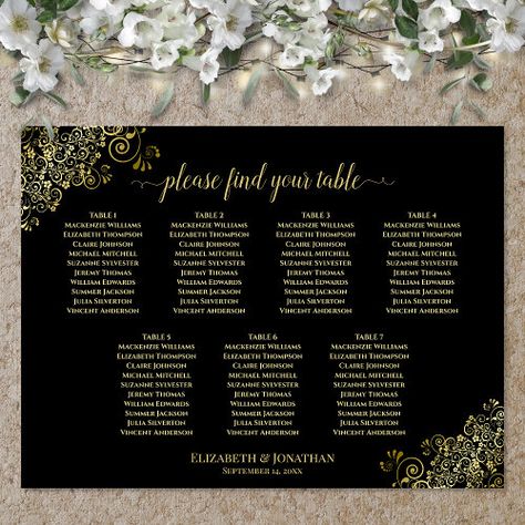 $28.10 | 7 Table Wedding Seating Chart Gold Frills on Black #lacy script calligraphy, floral curls and swirls, 10 seats per table, sophisticated chic style, 7 table wedding seating chart, elegant decorative frills, gold and black, golden faux foil lace filigree, 70 guests names or people, simple beautiful and traditional Wedding Seating Chart Gold, Black And Gold Wedding, Script Calligraphy, Table Wedding, Gold Wedding Invitations, Kids Nursery Decor, Seating Chart Wedding, Free Birthday Invitations, Free Birthday Invitation Templates