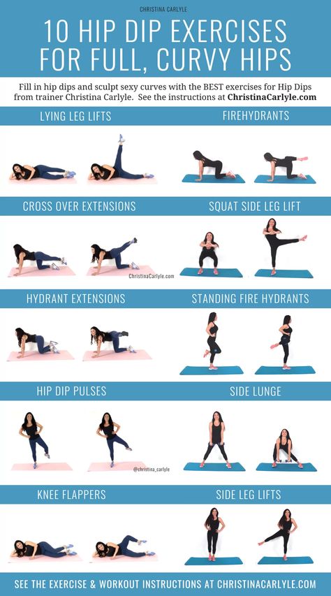 10 of the best hip dip exercises that help fill in hip dips and sculpt curves from trainer Christina Carlyle. Fill In Hip Dips, Exercises For Hip Dips, Hip Dip Exercises, Hip Dips Workout, Dips Workout, Best Exercise For Hips, Metabolic Type, Lying Leg Lifts, Christina Carlyle