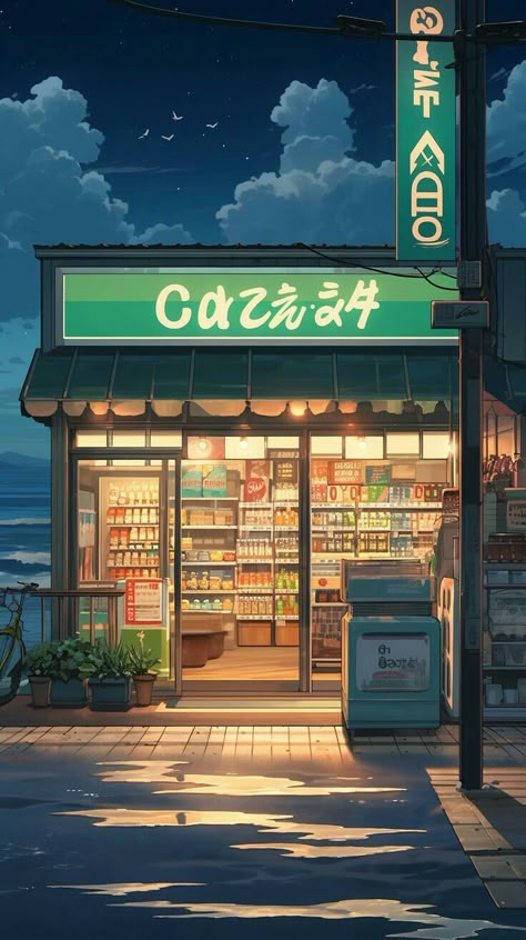 Convenience Store Illustration, Convenience Store Aesthetic, Photowall Ideas, Convenient Store, Anime Places, 동화 삽화, Pixel Art Background, Anime City, Whatsapp Wallpaper