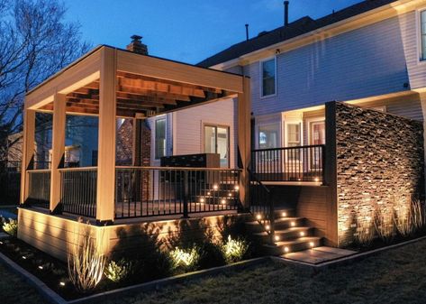 Deck Ideas For Small Backyards, Covered Deck Ideas, Backyard Deck Ideas On A Budget, Deck Trellis, Deck Ideas On A Budget, Ideas For Small Backyards, Landscape Lighting Ideas, Deck Stair Lights, Backyard Deck Ideas