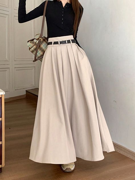 Khaki Casual Collar  Woven Fabric Plain Flared Embellished Non-Stretch  Women Clothing Preppy Long Skirt Outfits, Skirt Long Outfits, Long Khaki Skirt Outfit, Cute Long Skirts, Long Skirt Girly, Khaki Clothes, Jupe Outfit, Simple Long Skirt, Long Skirts Outfit