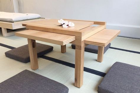 Slide Table on tatami mat Tatami Table, Low Dining Table Floor Seating Japanese, Japanese Sitting Table, Tatami Tea Room, Tatami Galaxy, Unusual Coffee Tables, Den Furniture, Expandable Table, Tatami Mat