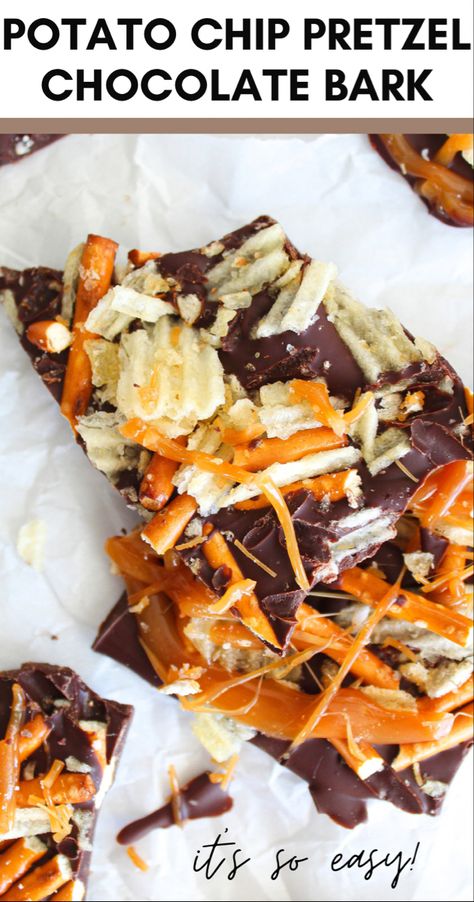 This salty potato chip pretzel chocolate bark is the perfect, easy holiday dessert to keep for yourself or share with loved ones! Made with crunchy potato chips, salty pretzels, smooth chocolate, and rich caramel, this recipe brings together all of your favorite tastes in one easy dessert. #chocolatebark #easyrecipe #christmasdesserts Potato Chip Chocolate Bark, Sweet And Salty Bark, Potato Chip Dessert Recipes, Sweet And Salty Chocolate Bark, Pretzel Chip Toffee, New Years Candy Ideas, Chocolate Potato Chip Clusters, Potato Chip Bark Recipes, Potato Chip Chocolate Clusters