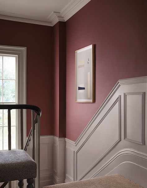 Lambriseringen Gang, Hallway Paint, Red Paint Colors, Wall Color Combination, Hallway Colours, Elegant Entryway, Wooden Trim, Paint And Paper Library, Paint Paper