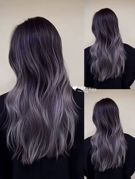 Kpop Balayage Hair, Ash Purple Hair Balayage, Ashy Lavender Hair, Silver Purple Hair Balayage, Purple Ash Hair Color, Ash Purple Balayage, Cool Hair Dye Ideas Brunettes, Women's Hair Colors, Black And Lavender Hair