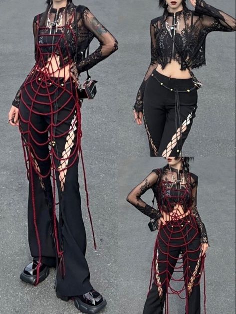 Rocker Guy Aesthetic, Reviling Cloths, Go For It Fanart Base, Gothic Crochet Ideas, Manwhore Outfits, Red And Black Stiletto Nails, Poses Female Reference, Cool Fashion Outfits, Types Of Aesthetics Styles