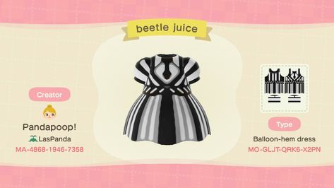 Acnh Tim Burton, Acnh Beetlejuice, Acnh Halloween Code, Fall Motifs, Beetlejuice Dress, Acnh Halloween, Clothing Codes, Acnh Design, Acnh Codes