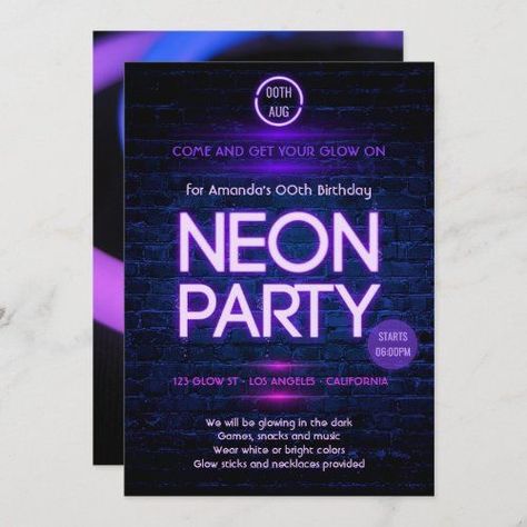 Neon Themed Party, Neon Party Themes, Neon Party Invitations, Corporate Party Invitation, Glow Birthday Party, Blue Neon Lights, Confetti Birthday Party, Blacklight Party, Glow Birthday