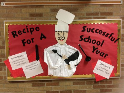 Back to school bulletin board "Recipe for a Successful School Year!" School Counseling Cafeteria Decorations, School Cafeteria Decorations, Cafeteria Bulletin Boards, Welcoming Classroom, Cooking Theme, Reading Bulletin Boards, Simple Nutrition, Back To School Bulletin Boards, School Displays