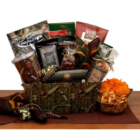 Fishing Gift Basket, Gourmet Food Basket, Camo Gifts, Rivers Edge, Chocolate Covered Almonds, Baskets For Men, Gift Baskets For Men, Fishing Gift, Party Platters