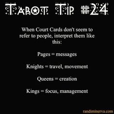 Minerva's Tarot tip # 24- when Court cards do not seem to represent any specific person they may be referring to something else. Tarot Reading Spreads, Tarot Interpretation, Court Cards, Tarot Significado, Tarot Cards For Beginners, Learning Tarot Cards, Tarot Guide, Tarot Card Spreads, Tarot Book