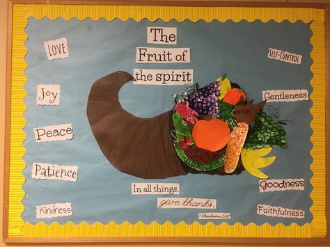 Fruit of the spirit bulletin board. #thanksgiving #cornucopia Cornucopia Bulletin Board Ideas, Cornucopia Bulletin Board, Cornacopia Craft, Daycare Thanksgiving, Thanksgiving Centerpieces Diy, Kids Church Activities, Preschool Thanksgiving, Harvest Crafts, Thanksgiving Bulletin Boards