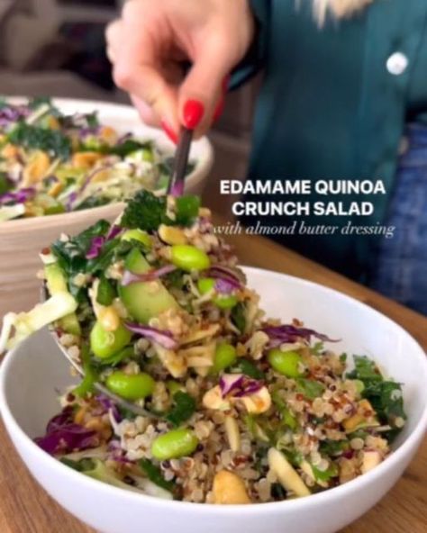 Healthy Eating Magazine on Instagram: "1️⃣ or 2️⃣? Which #recipe by @olivia.adriance would you try?👇 1️⃣ EDAMAME QUINOA CRUNCH SALAD + CREAMY ALMOND BUTTER DRESSING✨ I love a crunchy salad because you can get away with prepping them ahead of time and they still keep well in the fridge! I made this salad on a Thursday and we finished it on a Sunday afternoon and it was possibly even better after absorbing the creamy almond butter dressing goodness over the weekend 🥗 Ingredients: 1/2 cup unc Quinoa Crunch Salad, Edamame Quinoa, Almond Butter Dressing, Quinoa Crunch, Butter Dressing, Crunch Salad, Crunchy Salad, Superfood Salad, Best Salad Recipes