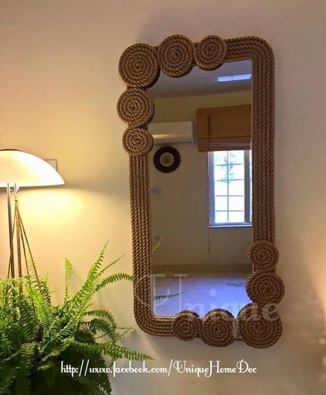 Twine Mirror Frame, Jute Rope Diy Wall Decor, Jute Rope Mirror Diy, Mirror Frame Decorating Ideas, Diy Rope Mirror Frame, Jute Mirror Diy, Decorate Mirror Frame Diy Ideas, Rope Ideas Decor, Jute Mirror Frame