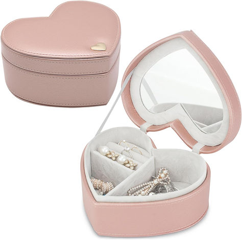 This portable jewelry box features a spacious main compartment, a convenient smaller compartment and four ring rolls, allowing you to store and organize your necklaces, rings, earrings, watches and cosmetics effectively.😍 *This post contains affiliate link, which means I may earn commission if you make a purchase through this link.* Portable Jewelry Organizer, Valentines Day Gifts For Friends, Pink Jewelry Box, Girls Jewelry Box, Champagne Pink, Heart Shape Box, Necklace Organizer, Heart Shaped Jewelry, Small Jewelry Box