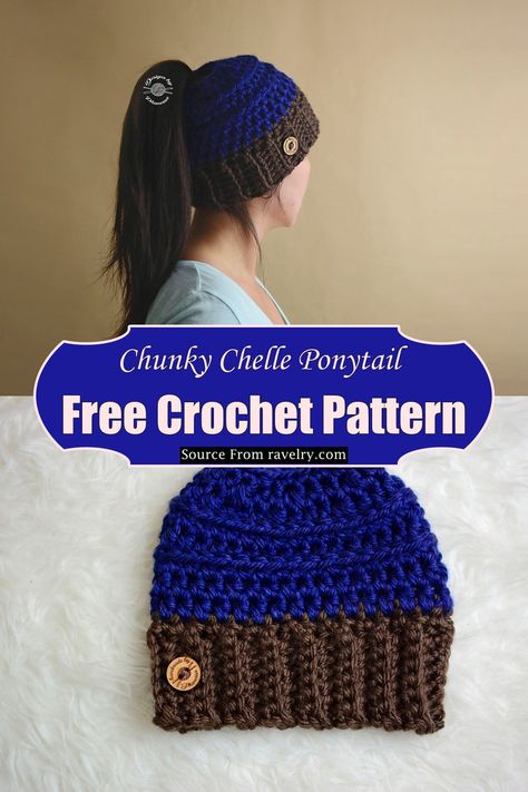 Chunky Chelle Ponytail Ponytail Beanie Crochet Pattern Free, Crochet Hat With Ponytail Hole, Ponytail Hat Crochet Free Pattern, Crochet Ponytail Hat, Crochet Ponytail Hat Pattern, Hat With Ponytail, Ponytail Hat Pattern, Crochet Ponytail, Ponytail Hat Crochet