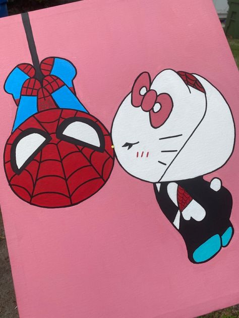 Spider Man And Hello Kitty Painting, Hello Kitty Spiderman Painting, Stuff To Paint For Boyfriend, Hello Kitty Couple Painting, Spiderman And Hello Kitty Painting, Cute Paintings For Your Boyfriend, Cute Couple Painting Ideas Easy Cartoon, Painting Ideas On Canvas Valentines Day, Small Canvas Paintings For Boyfriend