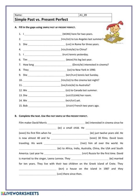 Present perfect vs simple past Present Perfect Tense Exercises, Simple Past Tense Worksheet, Simple Present Tense Worksheets, Future Tense Verbs, English Language Learning Activities, Past Tense Worksheet, Tenses Exercises, Tenses English, Present Tense Verbs